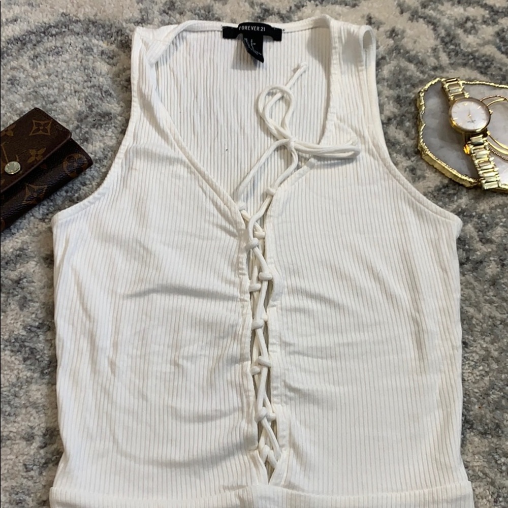 White Caged Lace Up Ribbed White Bodysuit